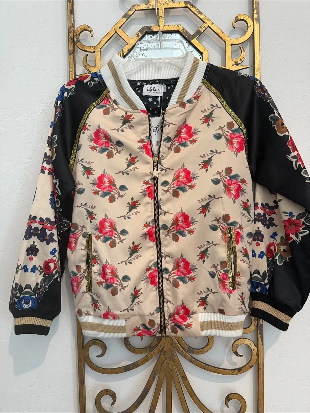 Lola + The Boys Beige Floral Satin Bomber with Black Sleeves